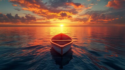 A small wooden boat floats peacefully on a calm sea at sunset