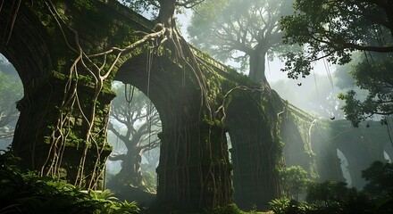 Epic fantasy landscape of ancient stone aqueduct ruins, dramatically overgrown with gnarled tree roots and lush jungle vines, evoking a mysterious and powerful lost civilization.

