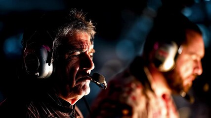 Professional motorsport commentators wearing headsets speaking and pointing intensely during high stakes night race, capturing communication and focus of broadcasting team