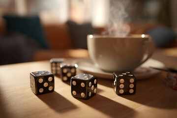 Coffee and dice create a relaxed atmosphere for afternoon gaming and conversation at home