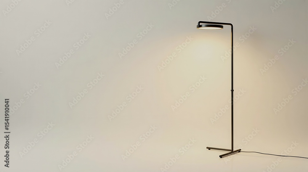 Poster a black lamp is lit up and standing on a white background. the light is shining on the lamp, making 