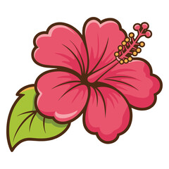 Fototapeta premium Pink Hibiscus Flower with Green Leaf, Tropical Hibiscus Blossom Illustration, Vibrant Floral Design with Central Stamen
