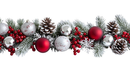 Festive Christmas garland red and silver ornaments pine cones snowy branches holly berries