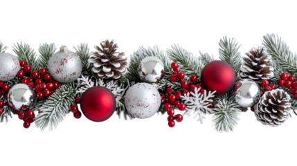 Festive Christmas garland red and silver ornaments pine cones snowy branches holly berries