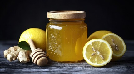 Honey Jar with Lemon and Ginger Still Life