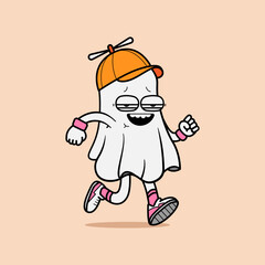 Funny Cartoon Ghost Running, Retro Character in Cap and Sneakers
