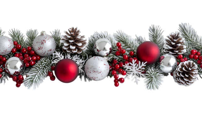 Festive Christmas garland red and silver ornaments pine cones snowy branches holly berries