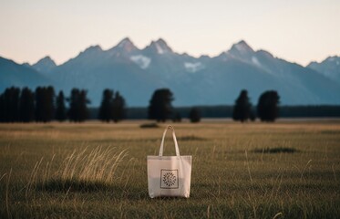 Reusable bag in nature scene — tall trees and rolling mountains — evoking peace and sustainability on International Plastic Bag Free Day.