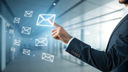 Hand presses icon email envelopes virtual hol.AI GENERATED