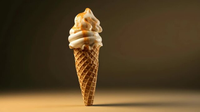 Frozen dessert in a cone. Vanilla flavor with caramel drizzle stands tall against a brown backdrop, casting a soft shadow.