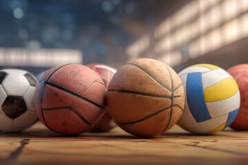 Different types of sports balls arranged on a wooden floor in a gym during a sports event
