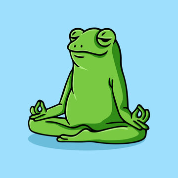 Retro Cartoon Frog Meditating. Isolated on Blue Background
. Frog illustration