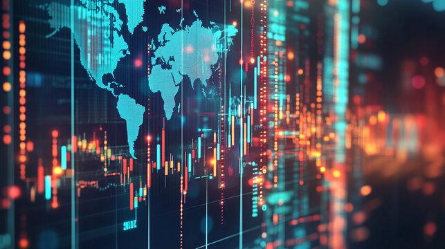 Digital illustration of global financial markets with stock indexes, world map, and technology icons.