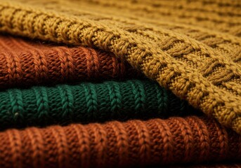 Close-up of knitted fabrics in warm colors. The image features a stack of textured sweaters in mustard yellow, green, and rust orange hues.