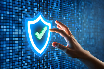 Blue Digital Shield Green Checkmark Hand Interaction