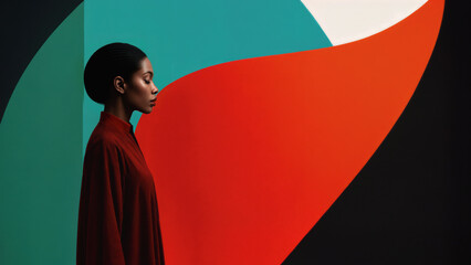 A woman in profile wearing a maroon dress stands against a backdrop of teal, red, white, and black abstract shapes.  Her pose is calm and contemplative, creating a striking visual contrast.