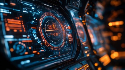 Futuristic Digital Interface with Neon Elements and Data Display