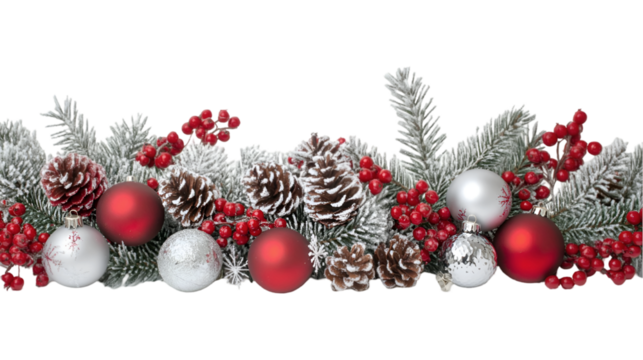 Festive Christmas garland red and silver ornaments pine cones snowy branches