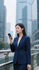 Fototapeta premium Professional woman in a suit using a smartphone in an urban setting