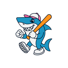 Cute Cartoon Shark Mascot Holding Baseball Bat, Sporty Retro Character Vector