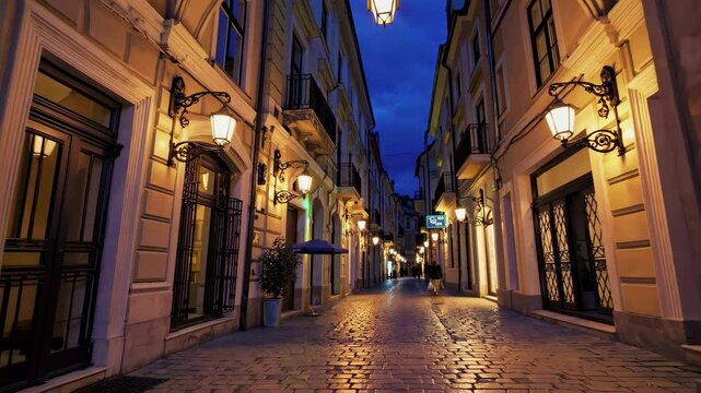 City street glows with nostalgic lamplight under twilight radiating tranquil peaceful mood embodying urban romance exploration history and inviting evening experience