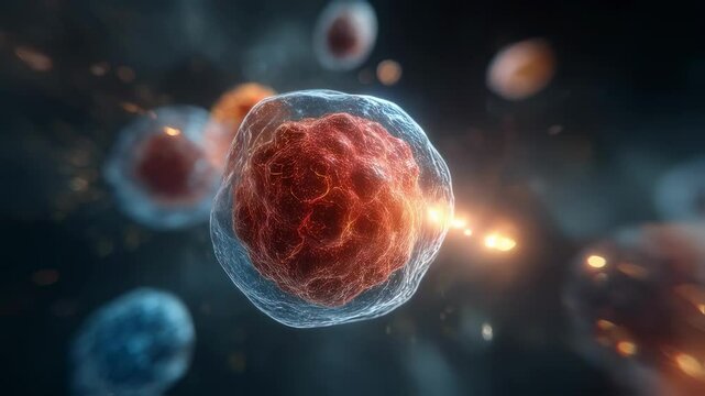 Energy beam hitting a cell, destroying it, in a medical science visualization, potentially illustrating a targeted therapy or the effect of radiation on cancerous cells