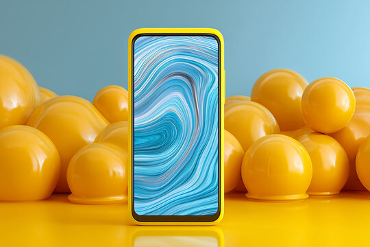 Bright yellow smartphone amid vibrant blue swirls and glossy orbs