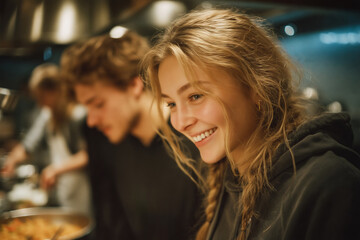Friends laugh and enjoy cooking pasta in a cozy hostel kitchen