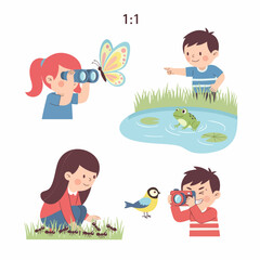 Flat Illustration Set of Children Observing Nature and Wildlife
