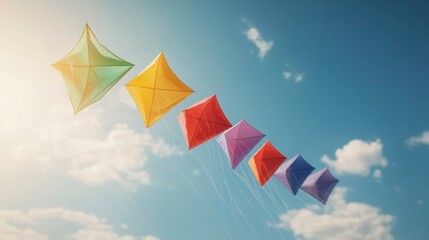 Colorful Kites Soaring High Against a Blue Sky with Fluffy Clouds
