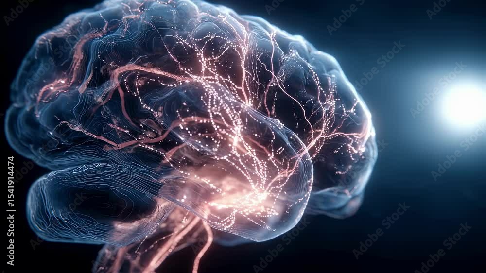 Poster neural networks glowing and interconnecting within transparent brain structure, revealing intricate 
