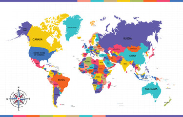 Colorful Political World Map Vector with Country Labels for Presentations. EPS infographics.