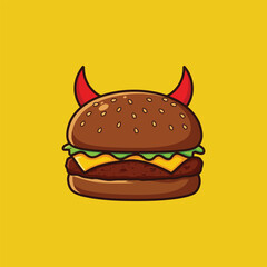 Funny cartoon hamburger with devil horns, bold flat design, vivid yellow backdrop. Perfect for satirical food art, playful burger graphics, or humorous culinary concepts.