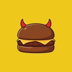 Funny cartoon hamburger with devil horns, bold flat design, vivid yellow backdrop. Perfect for satirical food art, playful burger graphics, or humorous culinary concepts.