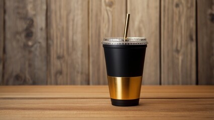 Black and Gold Cup with Straw on Wooden Table