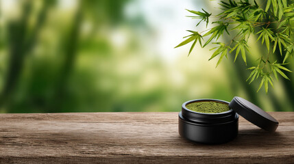 Black cosmetic jar with green powder on a wooden table against a blurred nature background