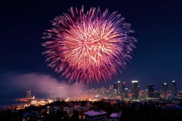 Massive fireworks illuminating cityscape at night, perfect for 4th of July ads, posters or website headers