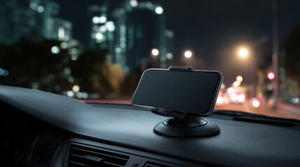 Black car phone holder on the dashboard of an SUV