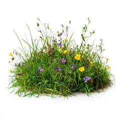 Wildflowers and grass tuft isolated on white background
