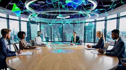 Round table executive meeting with digital holograms above creates sense of innovation teamwork future technology bringing collaboration and visionary business perspectives - Powered by Adobe