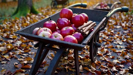 Rustic wheelbarrow brims with red apples and autumn leaves embracing seasonal harvest abundance gratitude agricultural cycle renewal rich color nostalgia and giving