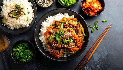 Korean Bulgogi Rice with Fresh Vegetable, Kimchi, and Cheongyang Green Chilli. 