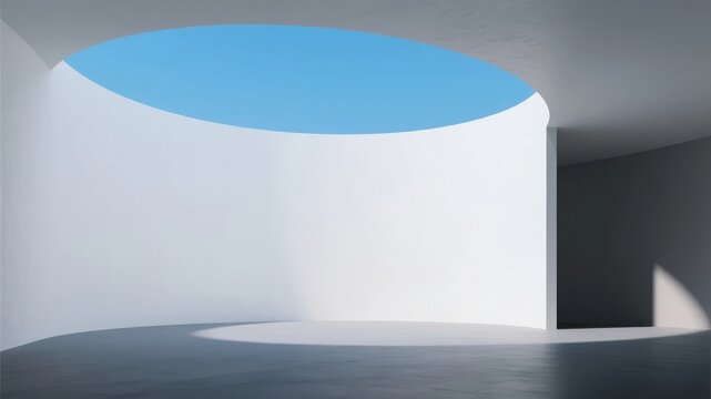 Minimalist Interior with Circular Skylight and Curved Wall