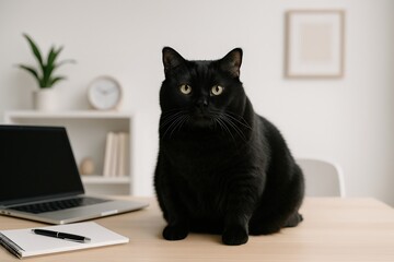 Black Cat in Modern Home Office.AI-Generated
