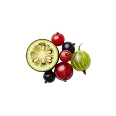 Red currants black currants gooseberries and a kiwi slice