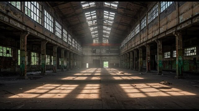 Sunlit Shadows in an Abandoned Structure: An exploration of a dilapidated industrial building interior, where sunlight streams through shattered windows.