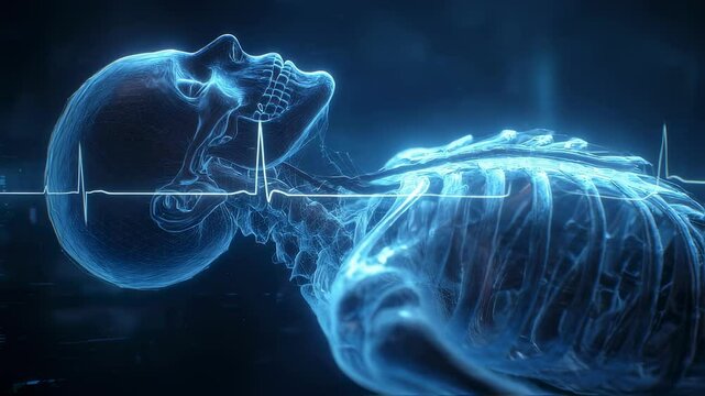 Medical visualization depicts a glowing human skeleton lying supine, seemingly in suspended animation, with a faint heartbeat visualized as a pulsating line across the chest