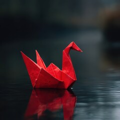 Red origami swan floating gracefully on calm water with serene reflections