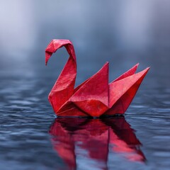 Elegant red origami swan floats serenely on calm water reflecting soft hues at dawn