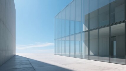 Modern Glass Building with Concrete Wall and Clear Sky